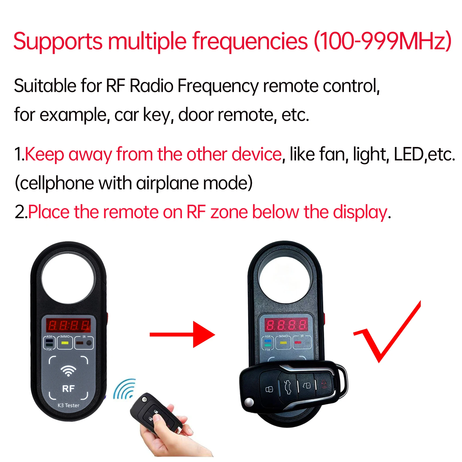 K3 Remote Key Frequency Tester Portable 100-999MHz Signal ASK FSK Ignition Coil Door Handle Signal Detect with Display