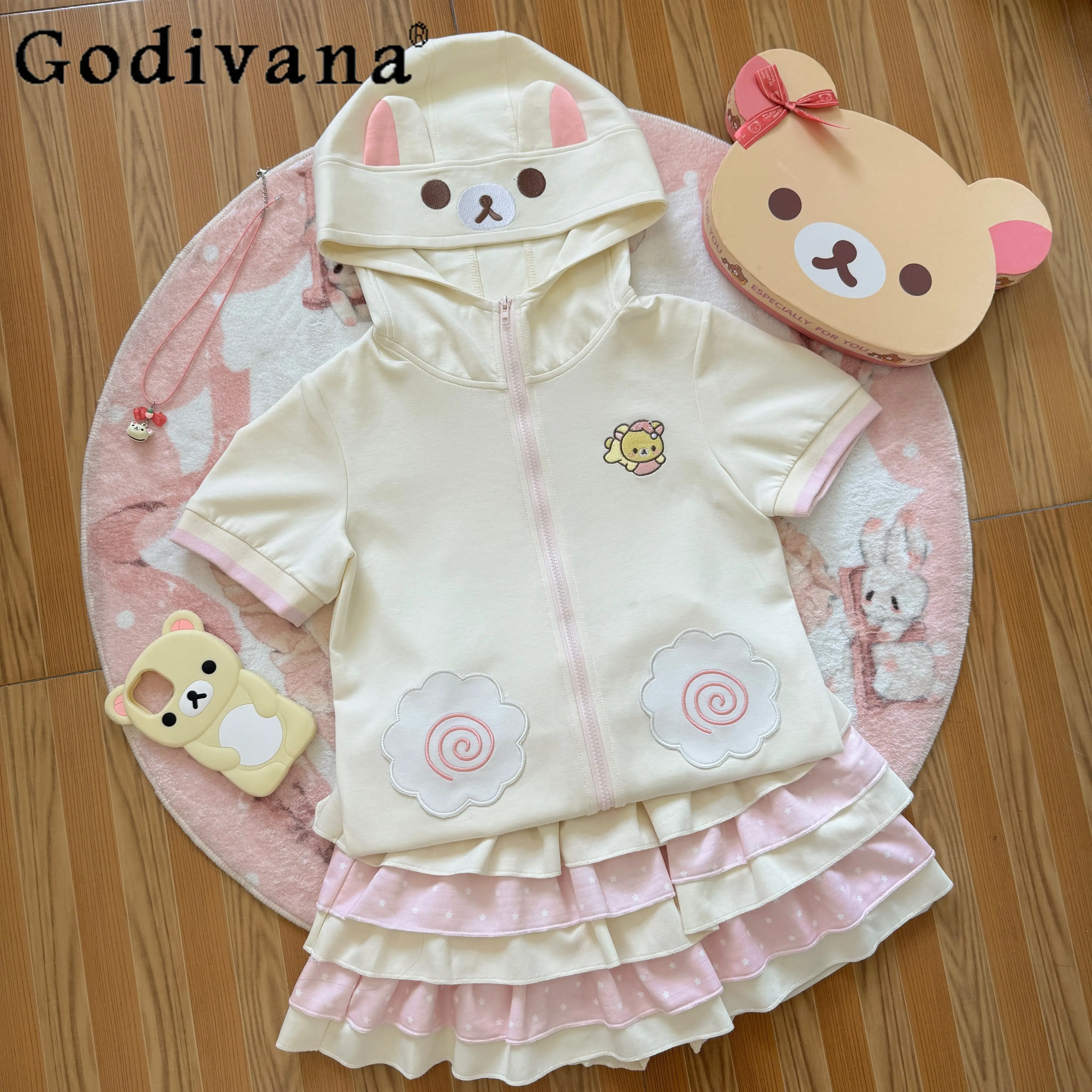 

Japanese Girls Kawaii Hooded Top Skirt 2-Piece Set Summer Women's Cartoon Print Zip Jacket Short Skirt Outfit Daughter's Clothes