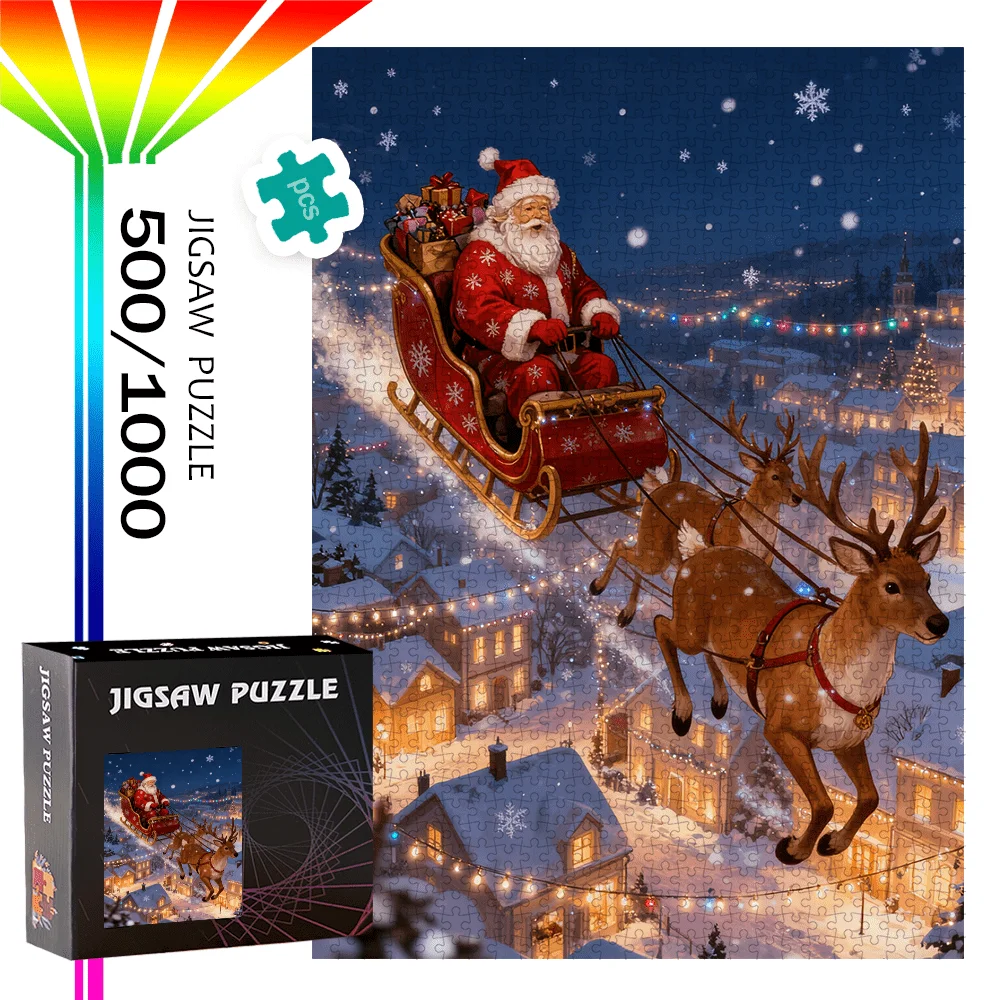 Puzzle da 500 pezzi o 1000 pezzi con Babbo Natale e slitta: grande numero di pezzi per la notte di giochi in famiglia, attività di festa di Natale, porta