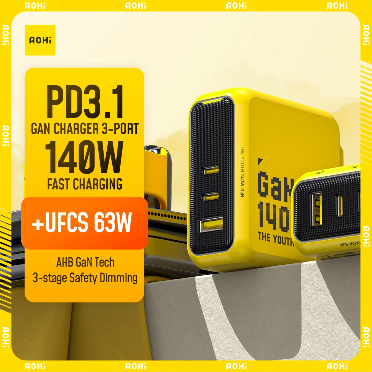 AOHI Youth 140W GaN充電器 PD3.1 3ポートType C急速充電 Macbook Pro ノートパソコン用USB急速充電器 iPhone タブレット対応