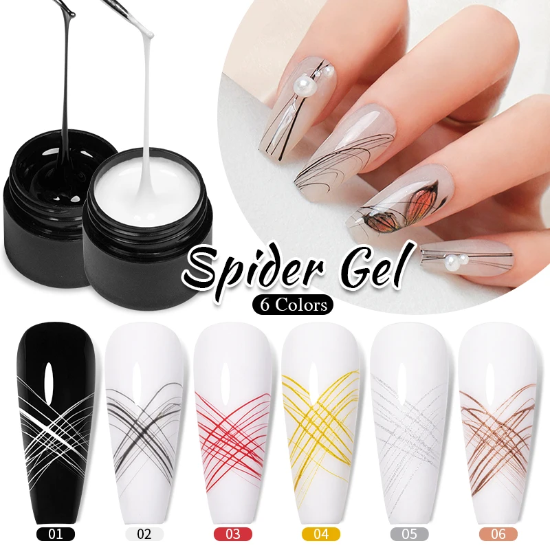 

BOZLIN 5ml Spider Wire Gel Nail Polish Flower Painting Liner Nail Art Gel Varnish Black White Rose Gold Sliver Spider Web Design