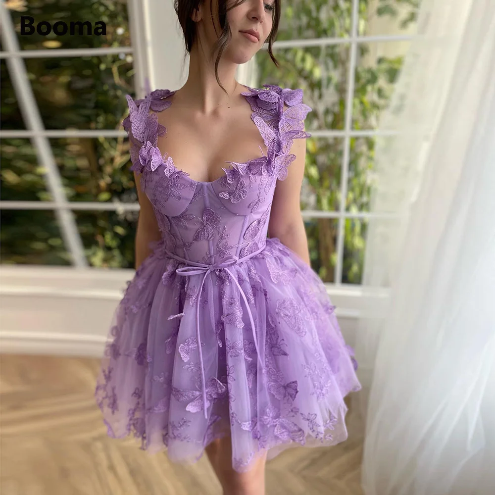 

Booma Lavender Butterfly Lace Mini Prom Dresses Sweetheart Sleeveless Above Knee A-Line Homecoming Dresses Party Gowns Customize