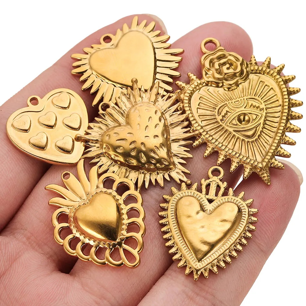 5pcs Stainless Steel Bohemian Heart Embossing Charm DIY Gold Pendants Connectors for Jewelry Making Earring Necklace Accessorie