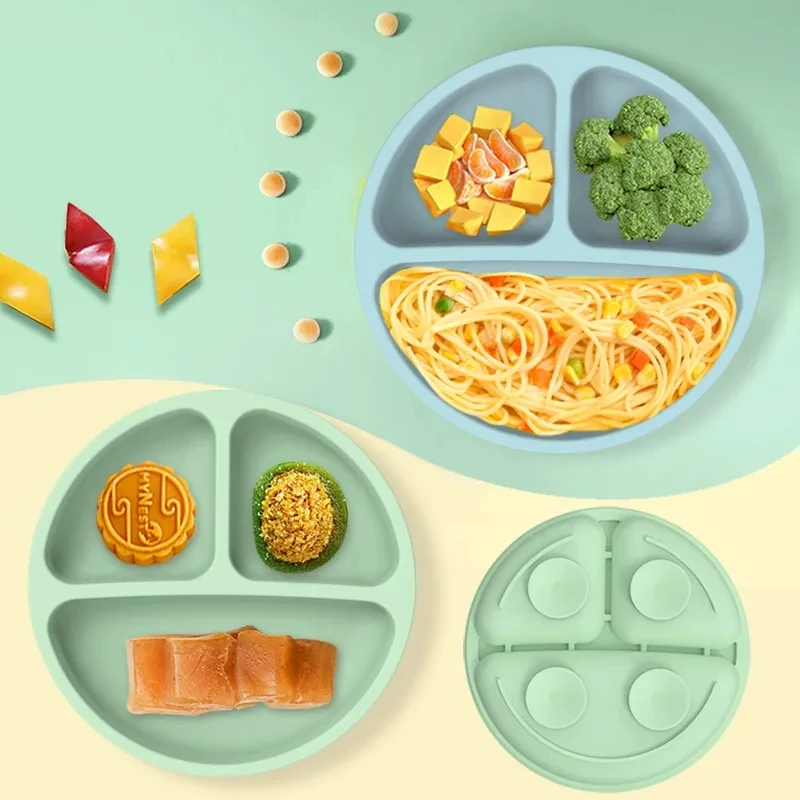 Platos de alimentación de silicona para bebé, plato de succión para niños, tazón con ventosa, tenedor de madera, juego de cuchara, vajilla de