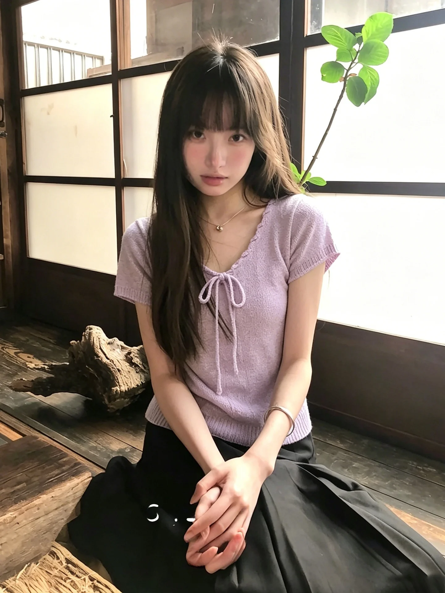 

Purple V-Neck Knitted Vest Women's Summer Fashion Knot Belted Shoulder T-Shirt Slimming Korean Style Short Top