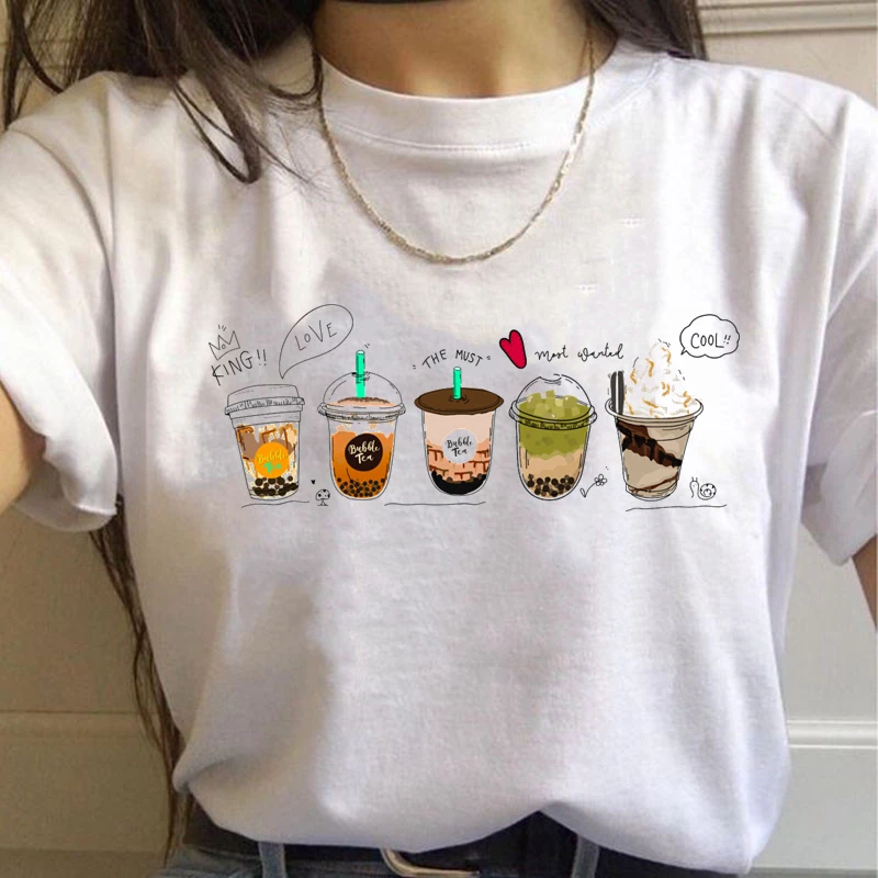 Coffee ,Milk tea ,Ice cream Funny Print Women t shirt Summer Casual Oversized t-shirt Girls Tshirt Basic hedging Round