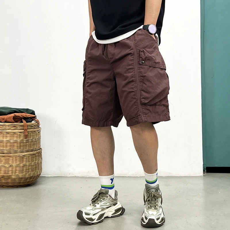 Корейские модные шорты-карго цвета хаки, мужские летние винтажные шорты с несколькими карманами, свободная уличная одежда, уличная повседневная модная средняя длина, 5 дюймов
