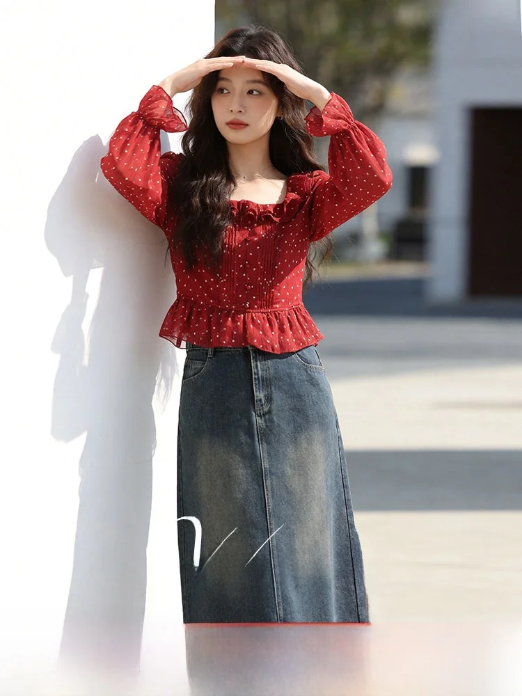 

Весенний модный комплект для женщин больших размеров: топ в горошек с длинным рукавом и квадратным вырезом, джинсовая юбка А-силуэта с высокой талией, для повседневной носки