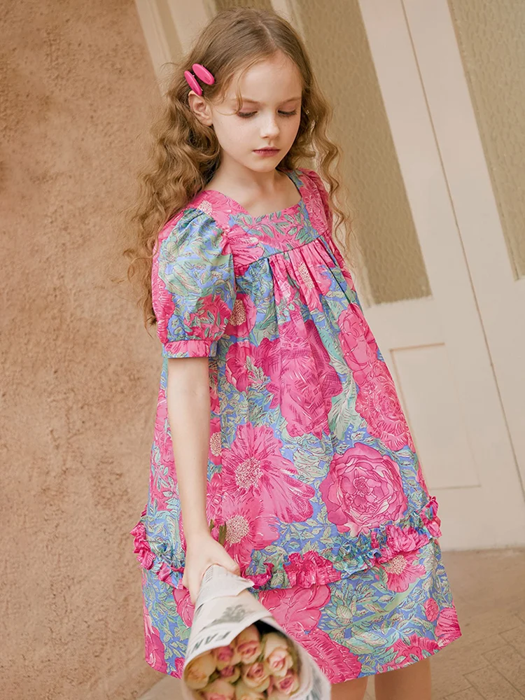 

Girls Summer Dresses 3T 14yrs Kids Dress 100% Cotton Loose Children Clothes Vacation Beach Cute Clothing Puff Sleeve 110cm 170cm