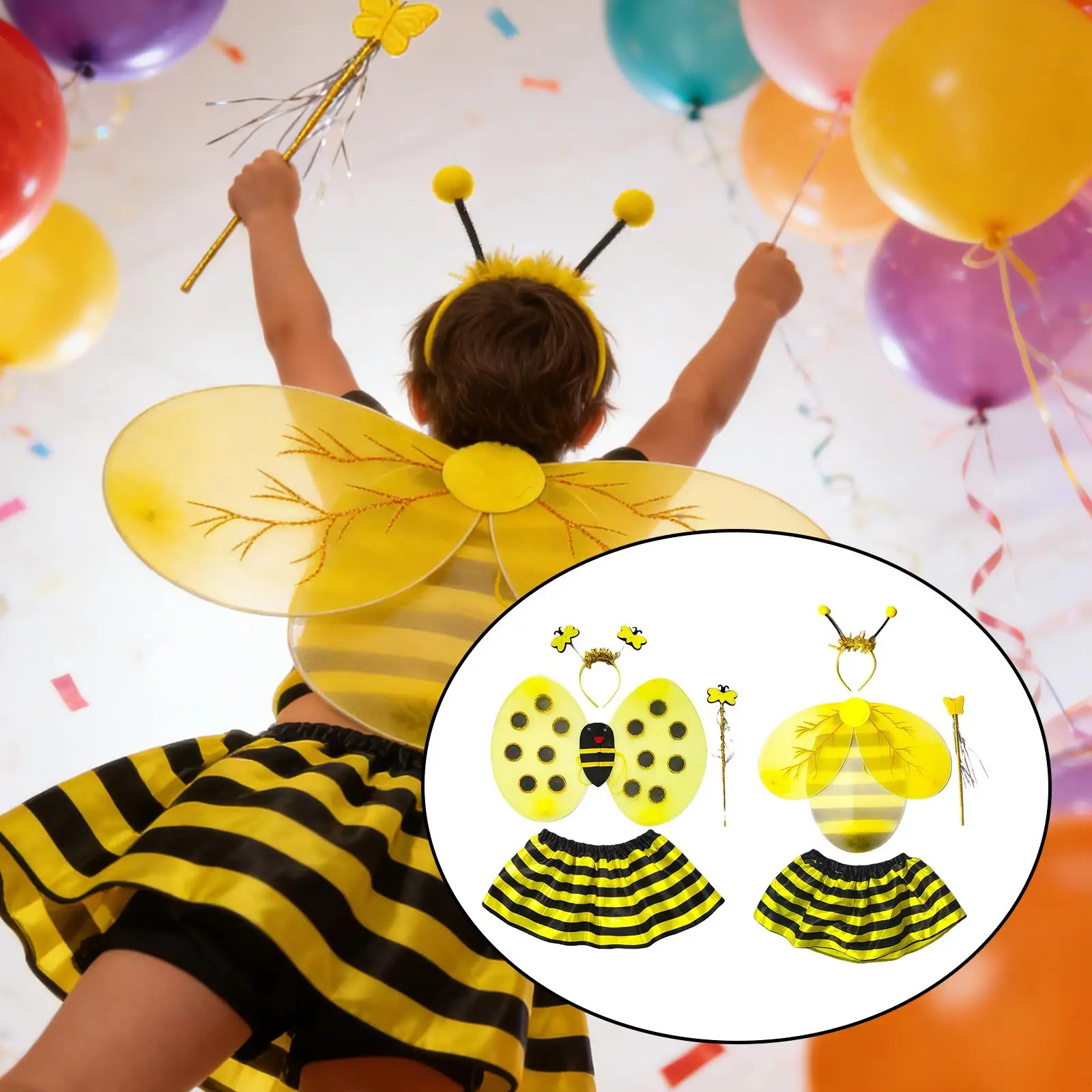 Bumble Bee Kostümset für Mädchen, Polyester-Cosplay-Set mit Rock, Flügeln und Zauberstab für Party und Bühnenauftritte
