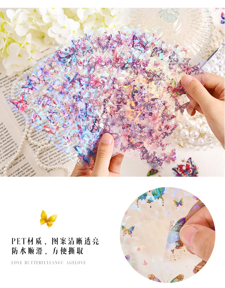 10 Sheets/pack Sparkling Butterflies Transparent PET Die-cut Sitcker Sheet Variety Scrapbooking Journaling Collages