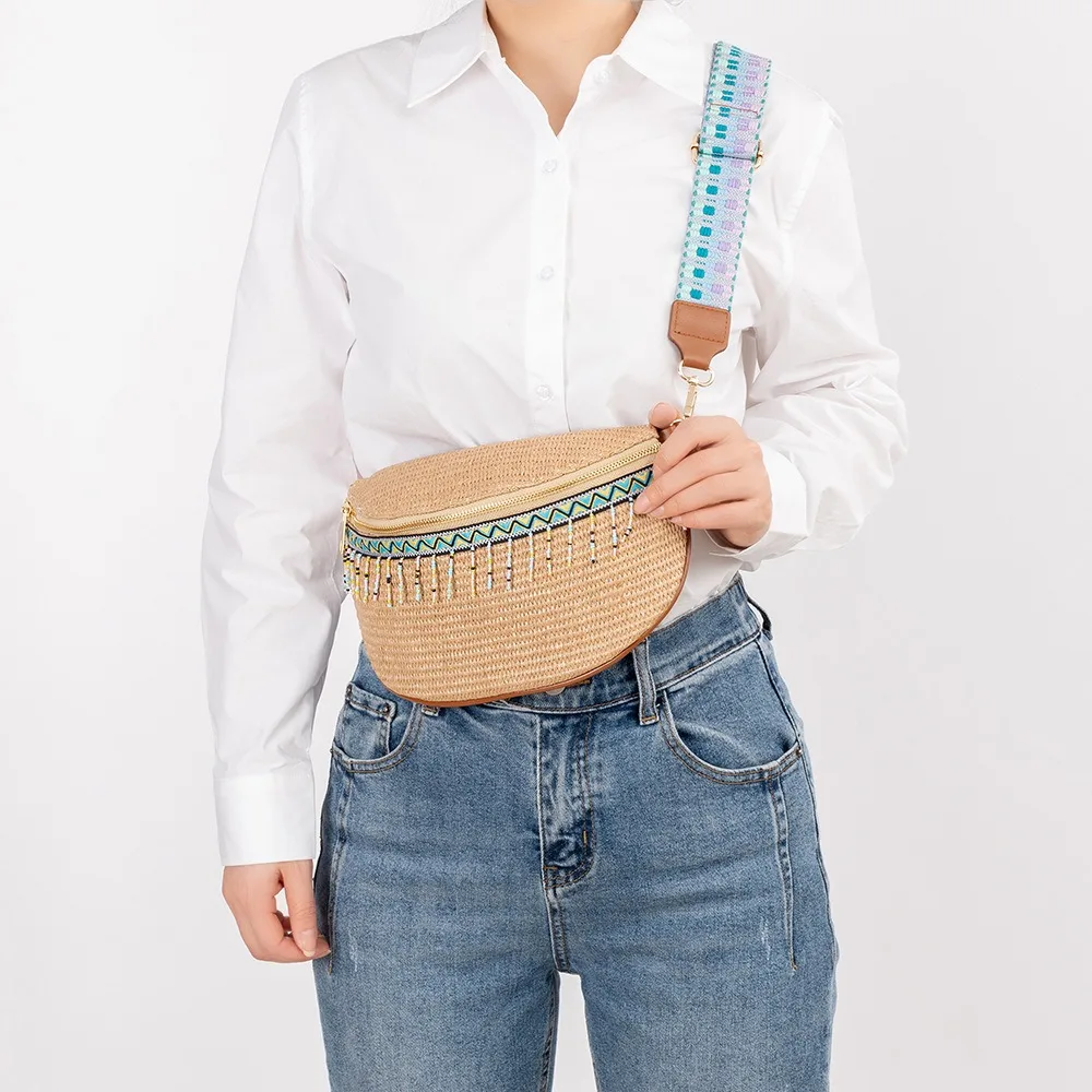 Boho Straw Crossbody Sling Bags Women Vintage Versatile Guitar Strap Fanny Packs Female Fashion Large Capacity Tassels Hip Pouch