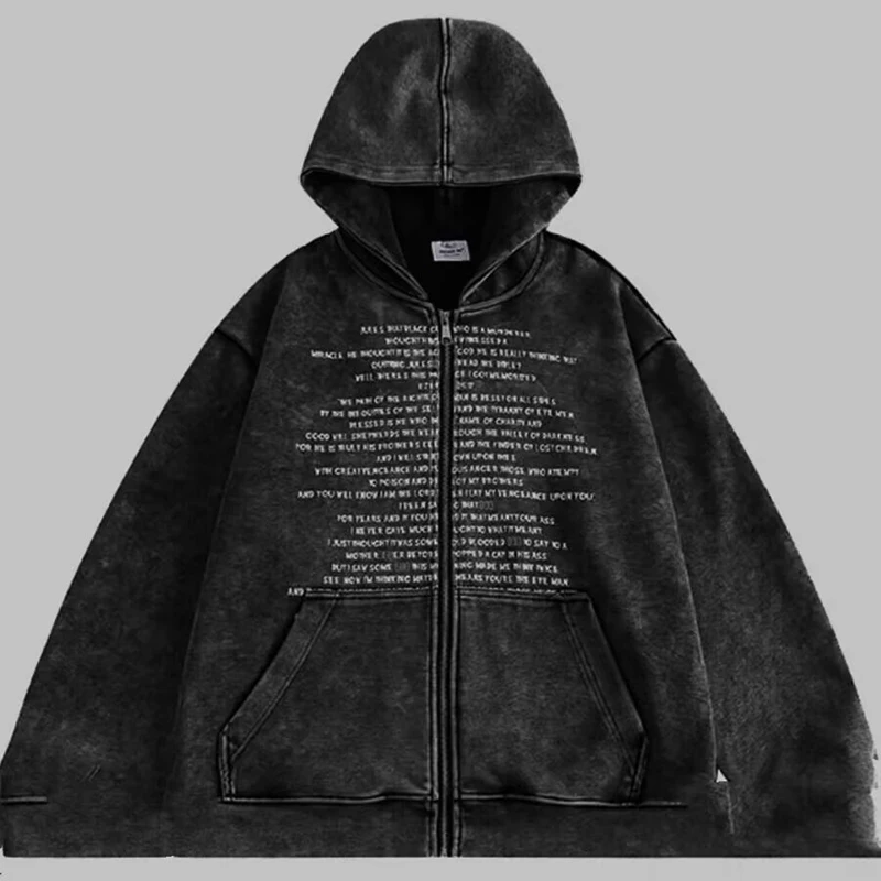 Spring Fall Zipper Letter Print Men Long Sleeve Hooded Cardigan Sweatshirts Fashion Vintage High Street Oversized Clothes Unisex