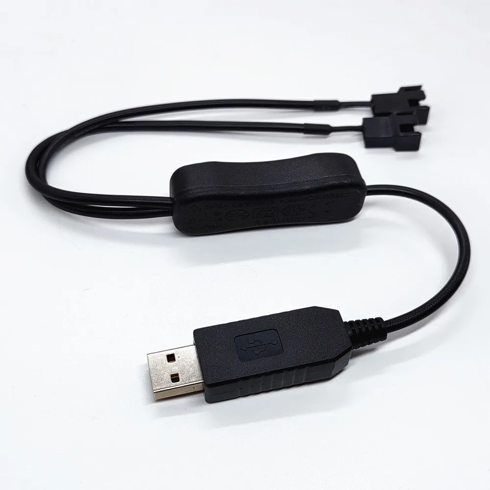 Full Speed 12V Step-Up USB Male to Dual 4-Pin Male PC Fan Connector, USB to 3Pin/4Pin Sleeved Power Adapter Cable with Switch