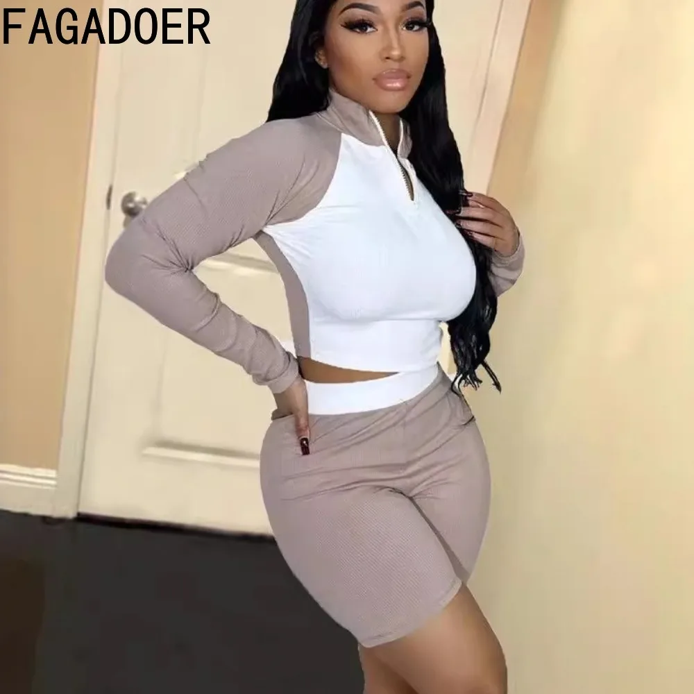 

FAGADOER Summer New Sporty Street Style Women Color Splicing Zip V Neck Long Sleeve Crop Top And Biker Shorts Two Piece Outfits