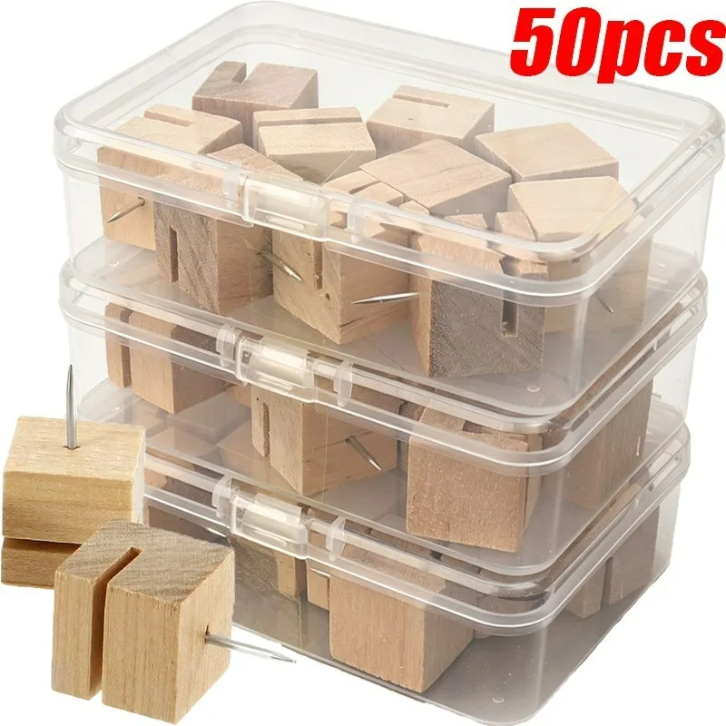 10/50pcs Wooden Square Pushpins with Card Slot Thumbtacks Wood Push Pin Decoration Thumb Tacks Decorative Board Photo Display