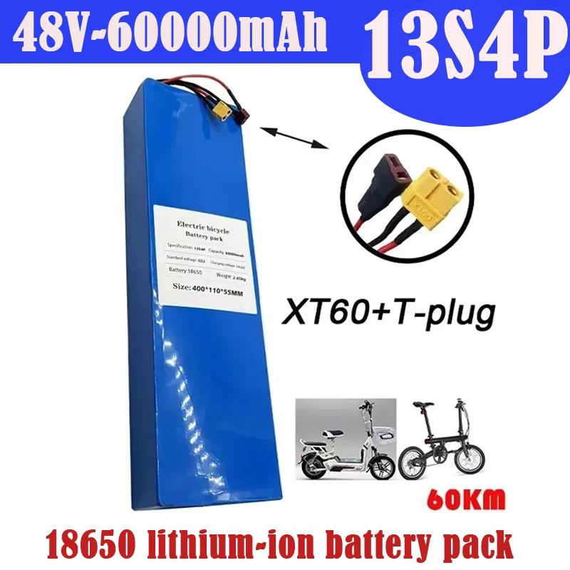 100% original 48V lithium-ion battery pack, 48V 60Ah 1000W 13S4P electric battery, suitable for 54.6V CitycocoBMS 18650