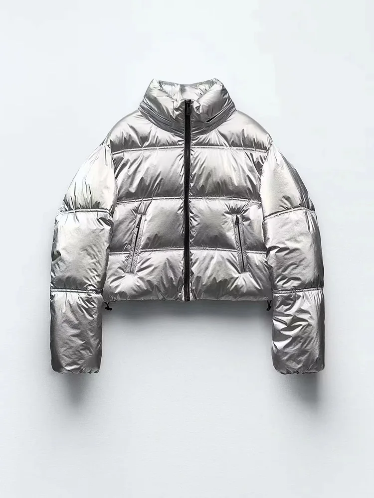 Traf Silver Women\'s Winter Jacket Zat Padding Parkas Coat Thick Puffer Autumn Jacket Bomber Shine Quilted Jacket For Woman Coat