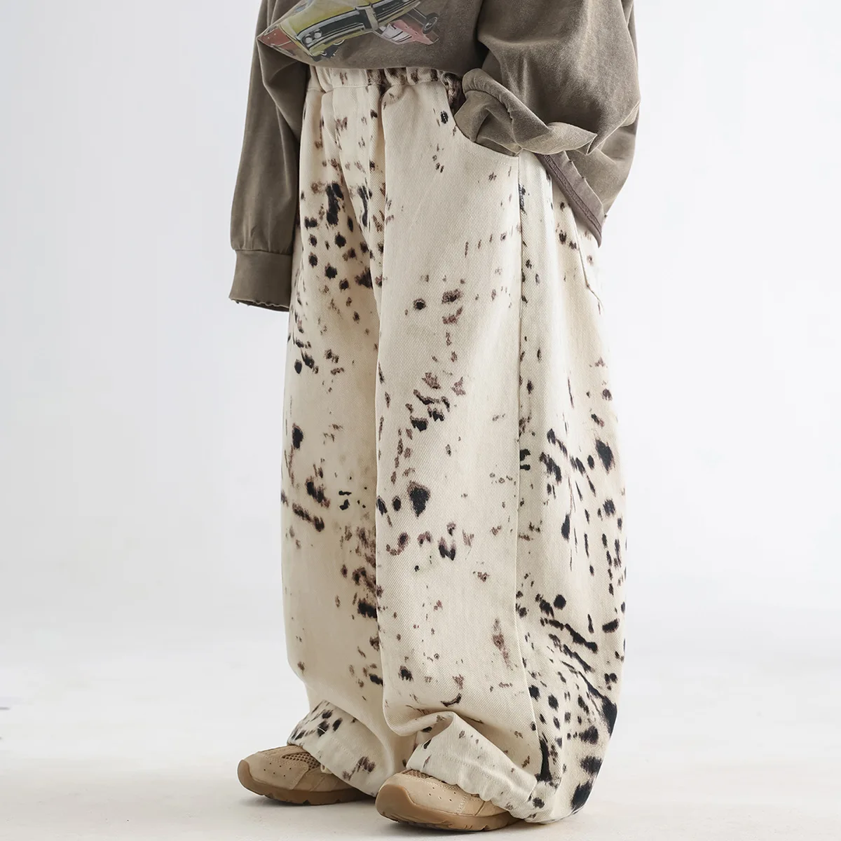 Somenie 2026 New Boys Jeans Leopard Print Loose Wide Leg Casual Trousers Spring Autumn Trendy Kids Pants