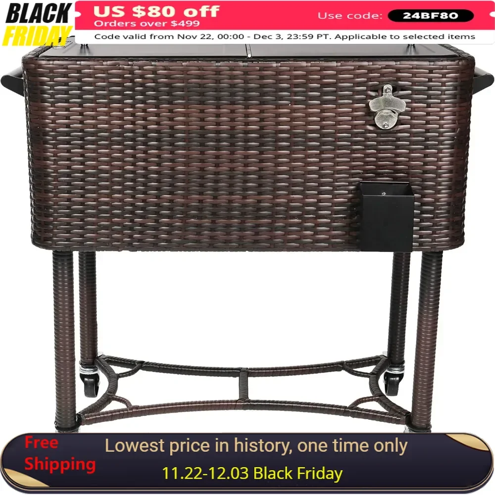 80-Qt Party Ice Cooler Table with Wheels and Handles, Hand-Woven Wicker, Outdoor Ice Cooler Table