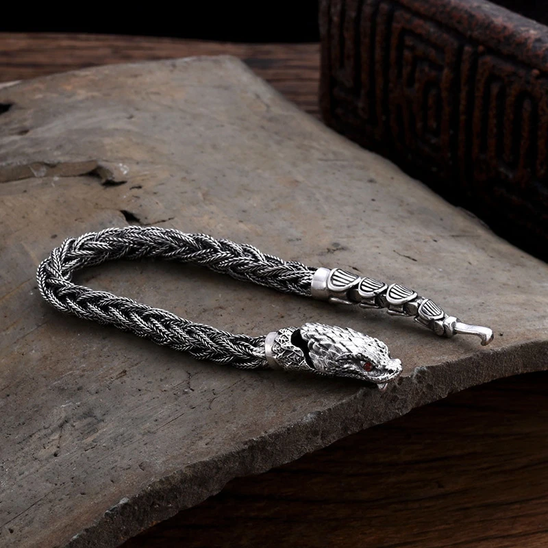 OUYADI Vintage Domineering S925 Sterling Silver Men Bracelet Hand‑Braided Rope Chain 3D Dragon‑Head Fine Silver Wrist Jewelry