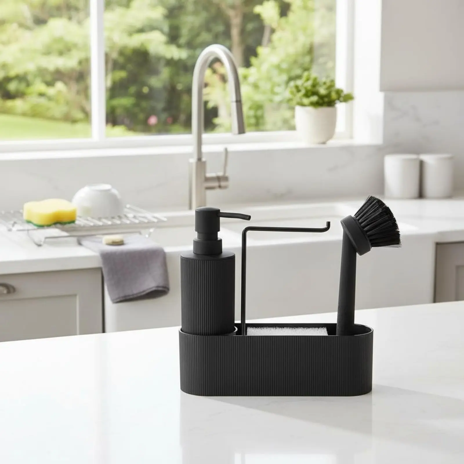 

Dish Soap Dispenser Brush Holder 3 in 1 Soap Pump Brush Tray Set Countertop Cleaning Organizer Easy to Use Kitchen Storage