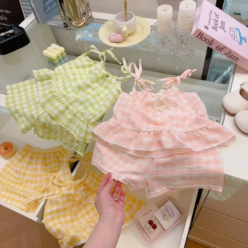 

1-10Y Baby Girls Soft Suspender Set 2025 Summer New Vacation Style Strap Suits Sweet Bow Casual Home Wear Two-piece Pajama Set