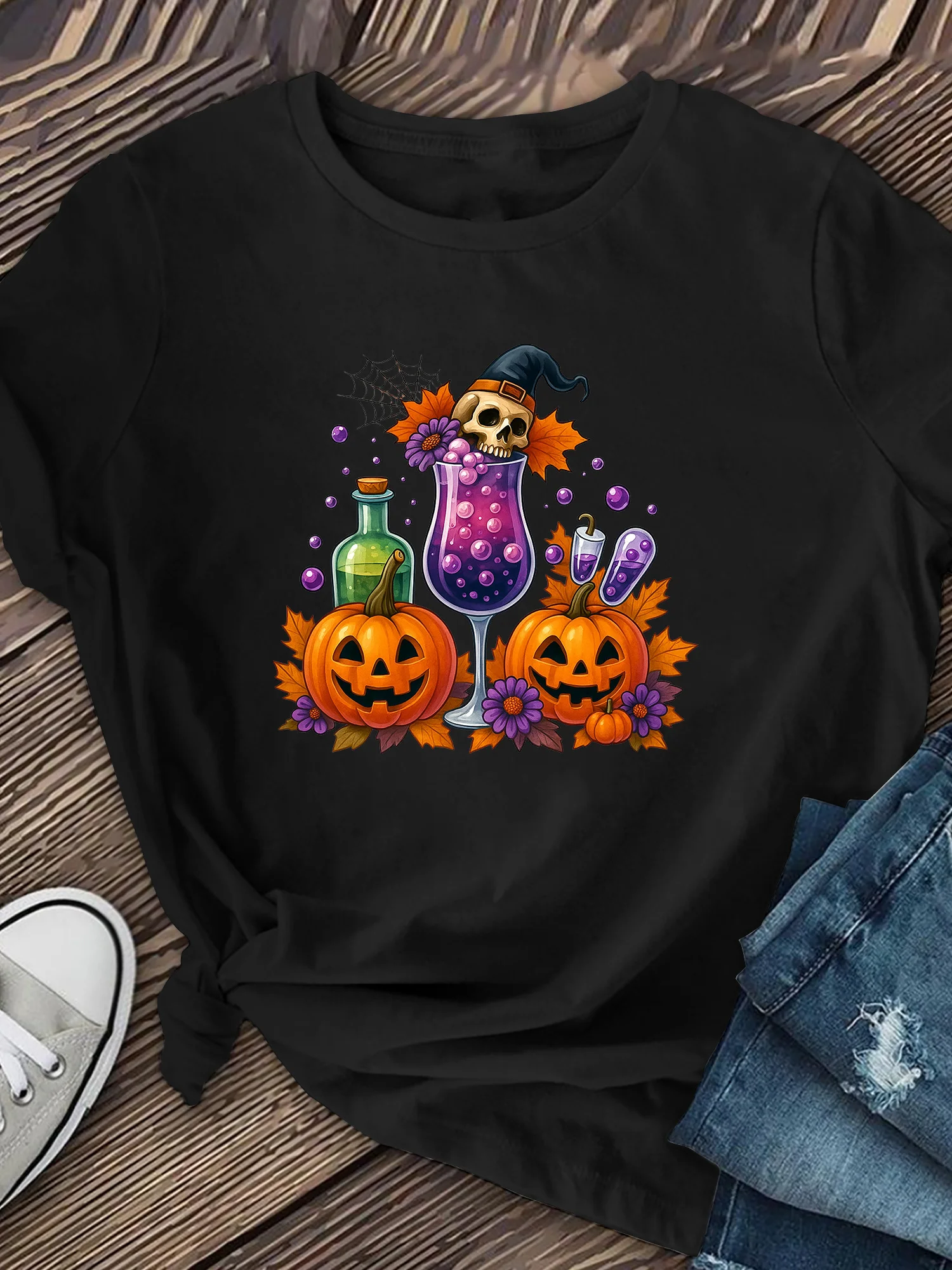تي شيرت نسائي للهالوين - تي شيرت برسومات على شكل يقطين أزرق ملكي لفصلي الخريف وحفلات الهالوين وملابس كاجوال - قابل للغسل في الغسالة