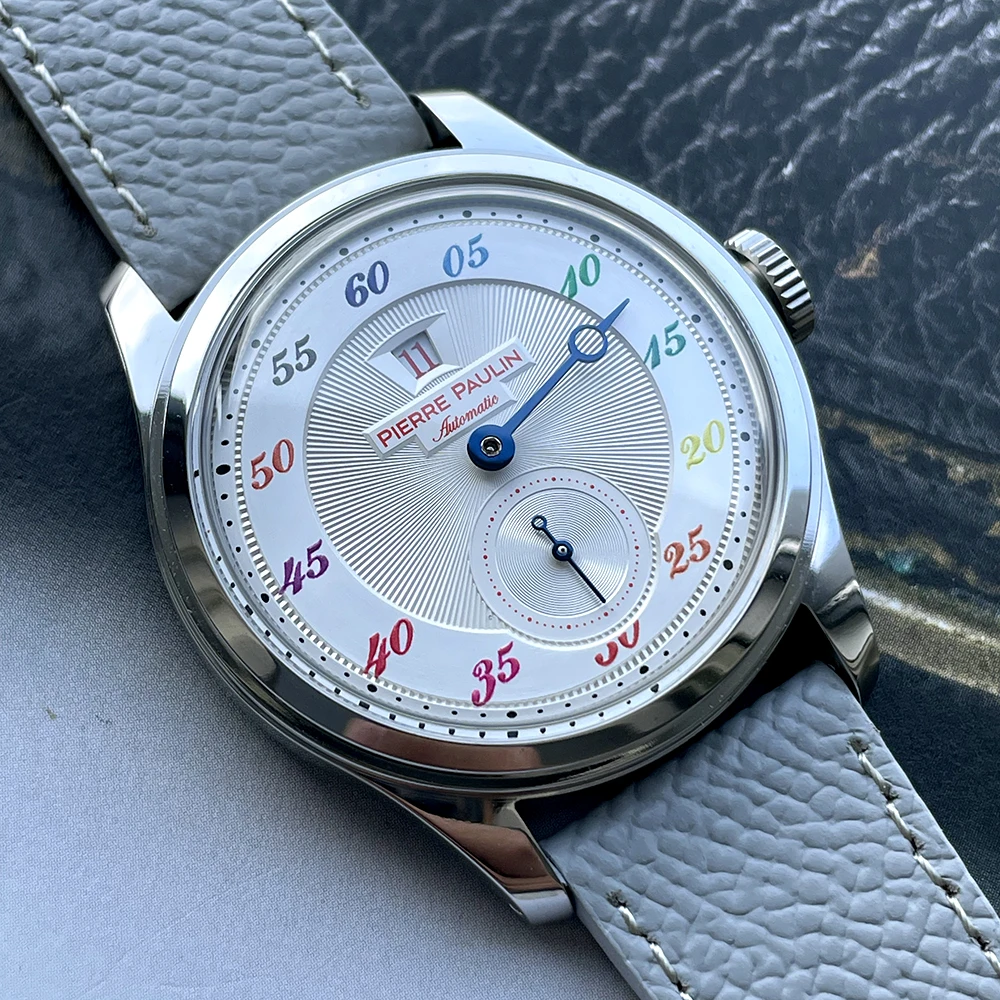 ใหม่ Pierre Paulin กระโดดชั่วโมงนาฬิกาผู้ชายอัตโนมัติ St17 นาฬิกา Purplewatch Vintage วันที่หน้าต่าง 38 มม. โลหะ