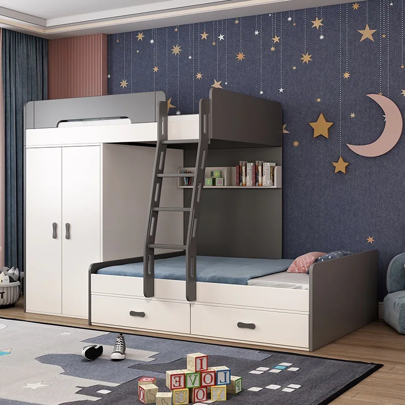 Children's bed staggered high and low bed with desk small apartment parallel upper and lower bed with wardrobe dislocation bunk