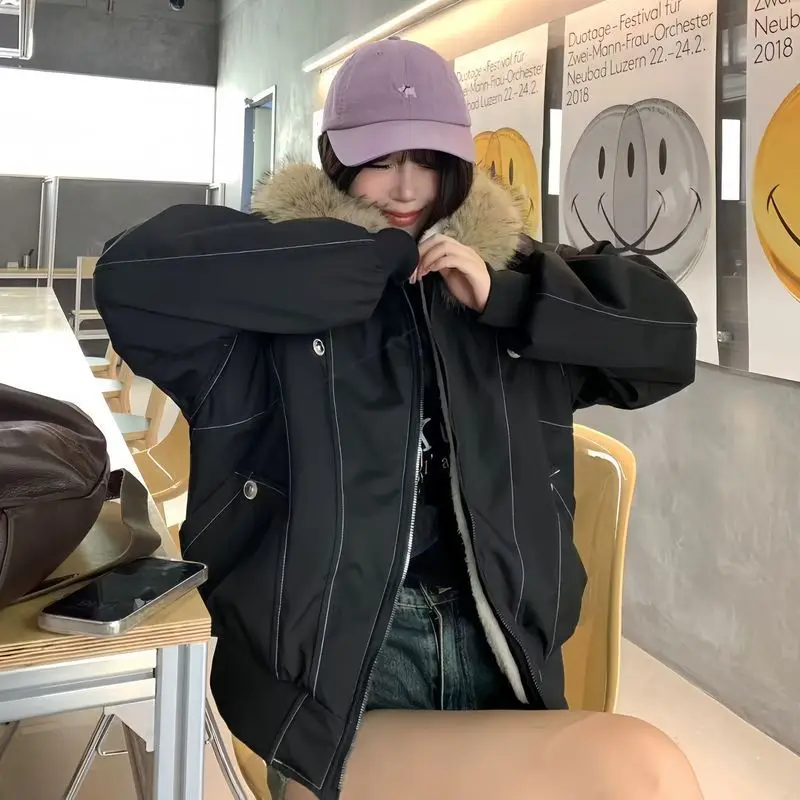 

Американская винтажная куртка с длинным рукавом и воротником из искусственного меха Y2k, женское повседневное однотонное пальто для субкультуры, уличная осенняя одежда 2025