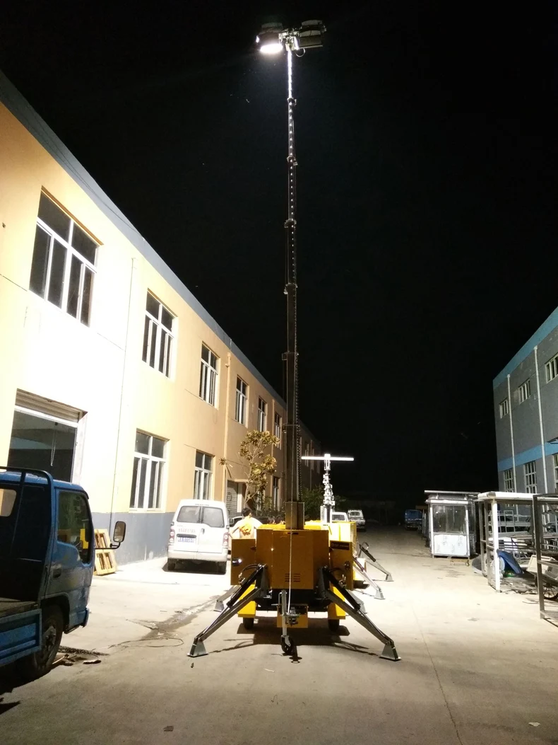 Generator Light Tower Built-in Silent Diesel 9m Telescopic LED Light Trailer Mounted For Road Construction Night Illumination