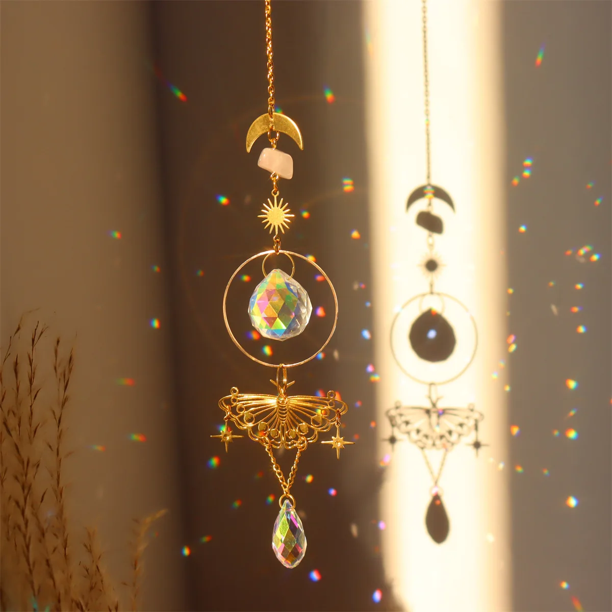 Crystal Hanging Ornament Colorful Pink Crystal Decor Brass Butterfly Sun Catcher Golden Window Garden Decor For Balconies