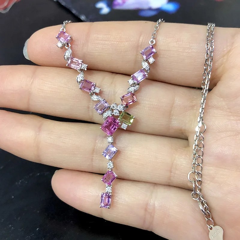 Colliers géométriques couleur argent pour femmes, incrustation de pierre de Zircon rose violet brillant, bijoux à la mode, cadeau de soirée, nouvelle collection