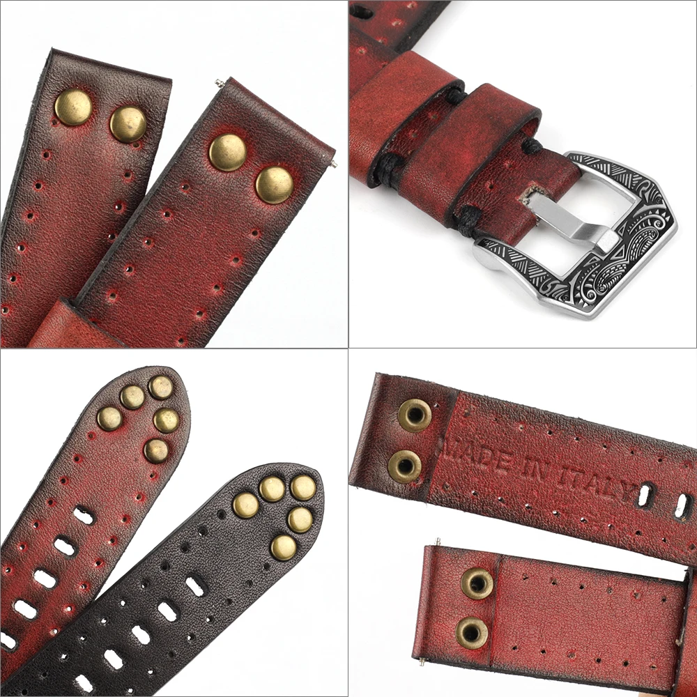 Vintage Leather Watch Strap With Rivets 18mm 20mm 22mm 24mm Classical Watchband With Carved Buckle Handmade Wristband Belts