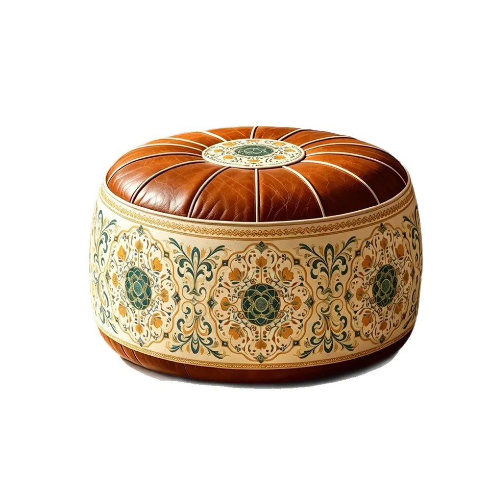 PU Leather Round Ottoman Stool Fillable Vintage Style Storage Ottoman Pouf Geometric Bird Pattern Round Shape Footstool Cover