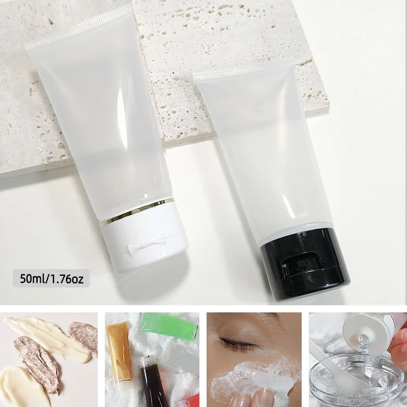 50 قطعة 50 مللي أنابيب ضغط شفافة قابلة لإعادة الملء للكريم اليدوي للغسول مجهزة بغطاء قلاب أسود/شفة قلابة ذات حواف ذهبية بيضاء #5
