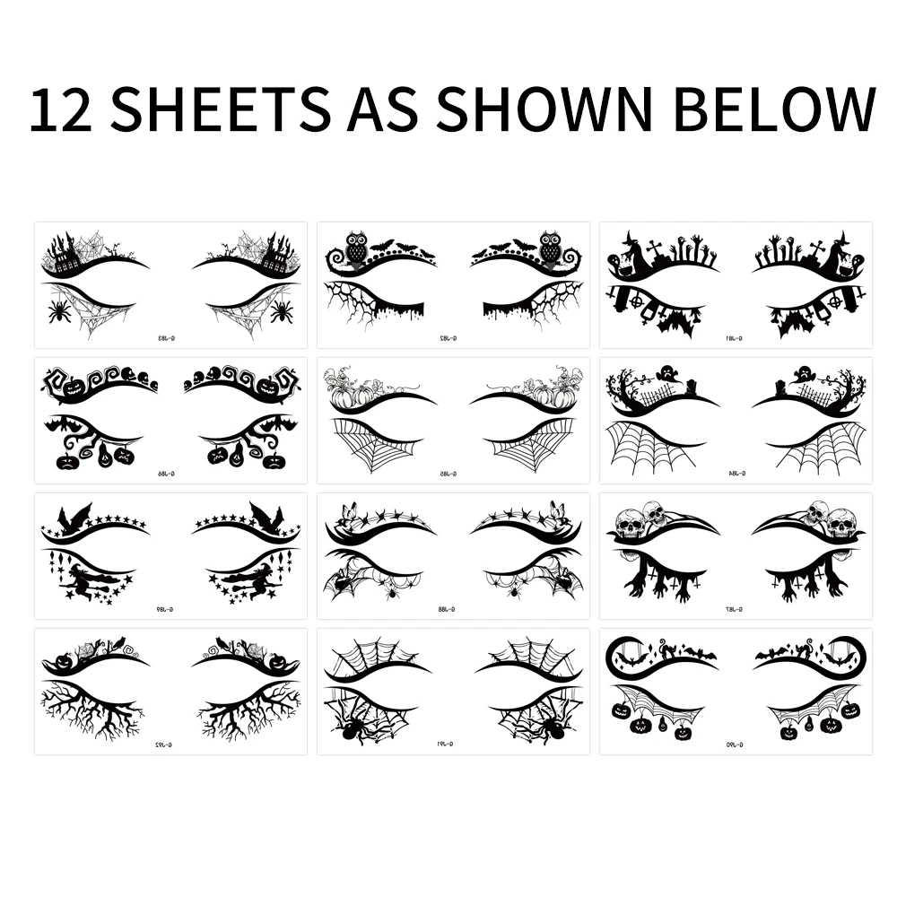 Autocollants de maquillage pour les yeux d'Halloween, Kit de remplacement de fard à paupières imperméable et amovible, fournitures de fête d'Halloween, Spide citrouille 12 pièces