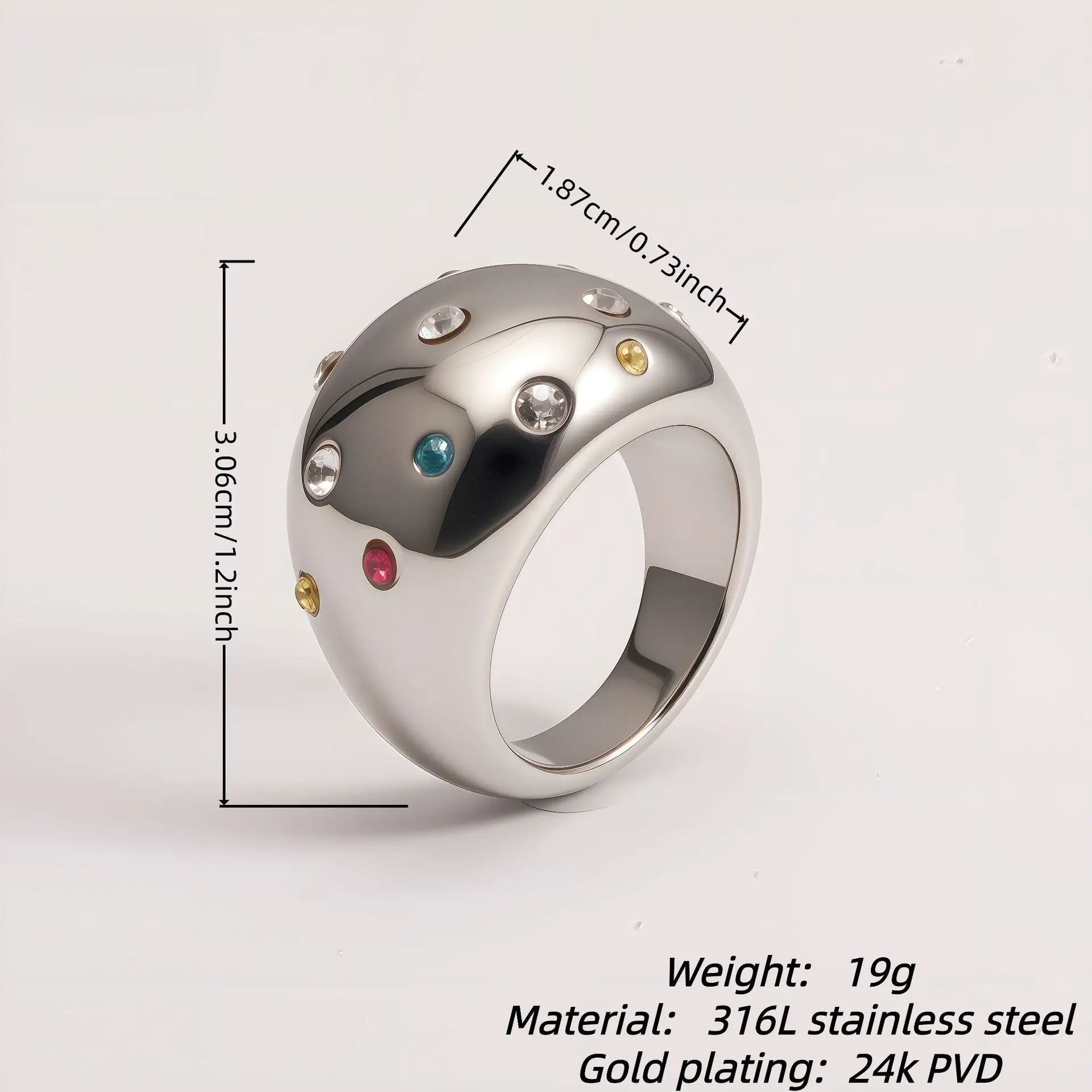 Vergoldeter 316L Edelstahlring mit mehrfarbigem Edelsteinbesatz, Vintage Bohemian Breitbandring – Detail 1