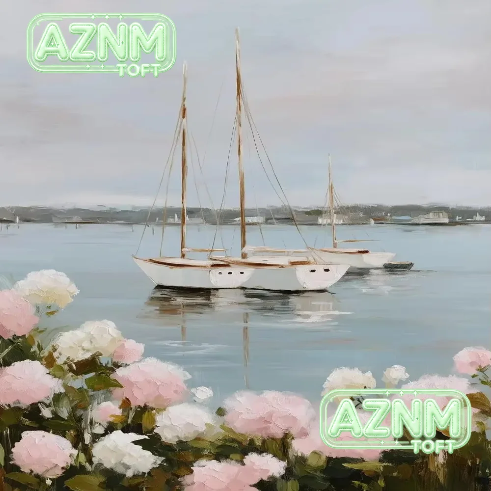 Sailboats Coastal Hydrangeas Beach Umbrella Wildflower Poster Canvas Painting Print Wall Art Picture for Living Room Home Dec