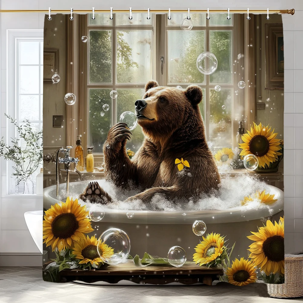 

Fun Bathing Bubble Bear Animal Print Shower Curtain, Polyester Shower Curtain with Hooks for Bathroom Decorative Shower Curtain