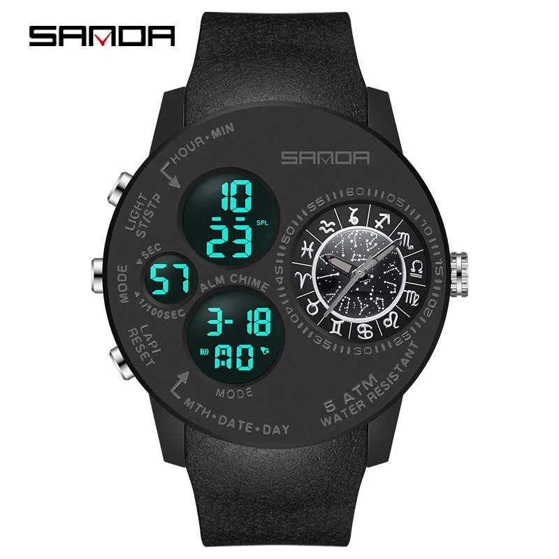 SANDA 2024 Fashion Outdoor Mens Watches Top Brand Military Sports Quartz Watch Dual Display Creative Wristwatch Waterproof Clock