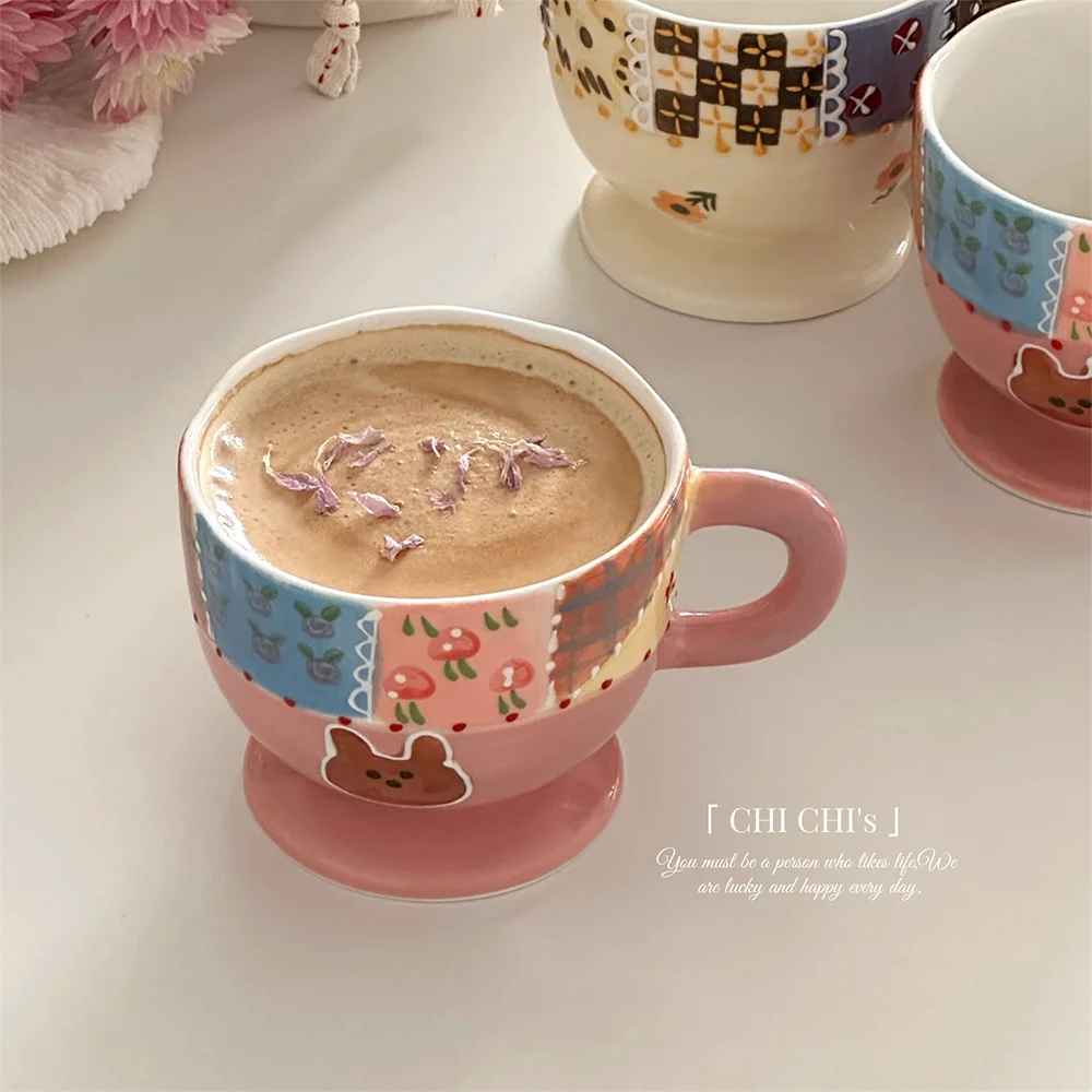 

Cartoon Patchwork Ceramic Coffee Mug Ins Style Footed Base Cute Glazed Tea Cups Home Office Drinkware Daily Desktop Water Mugs