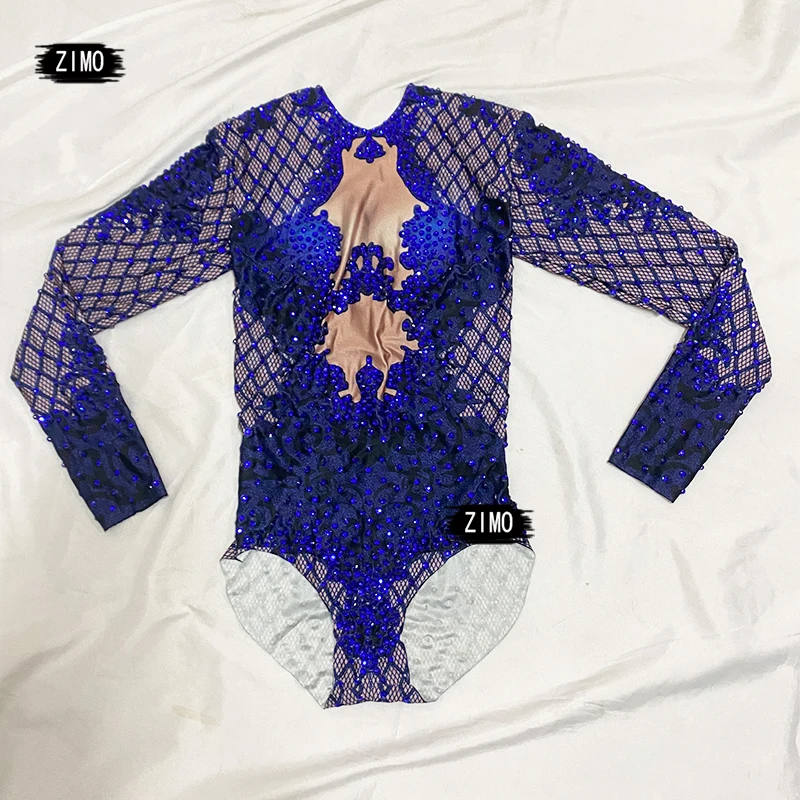 

DS Sexy Blue Print Rhinestone Dancer Bodysuit Women Long Sleeve Elastic Crystal Jumpsuit Leotard Show Girl Bar Stage Costume