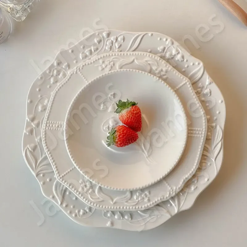 Ceramic Plates Relief Style Dinner Plate Valley Lily Pattern Ceramic Plate Tableware Steak Dishes Household Use Dinner Plates