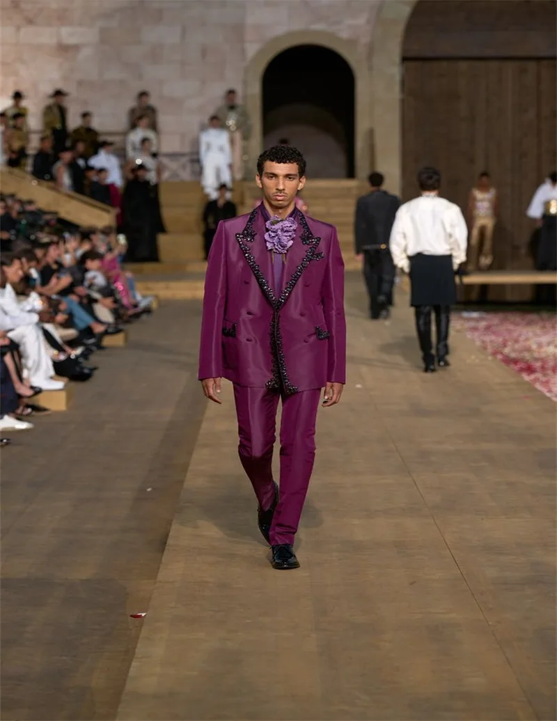 

Purple Catwalk Men Suits 2 Piece Blazer+Pants Crystals Luxury Prom Wedding Tuxedo Coat Custom Made Formal Office Jacket Trouser