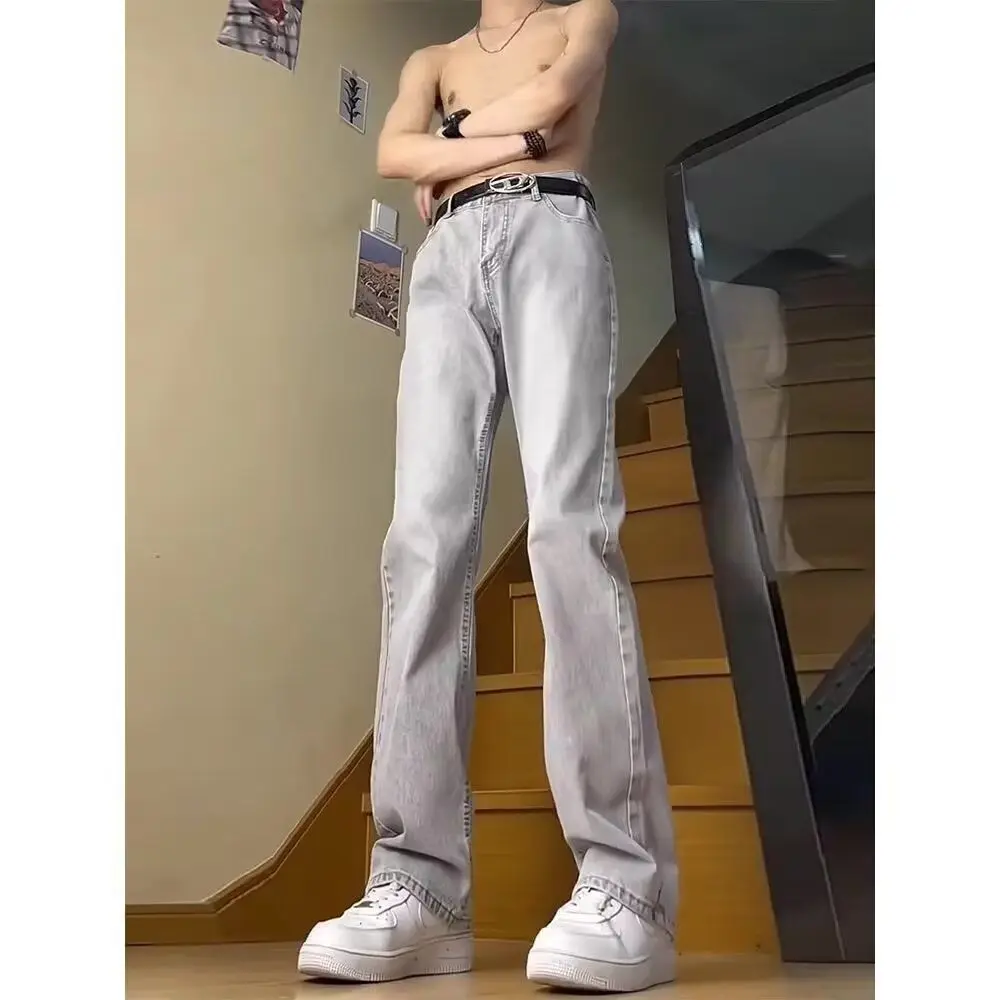 

Модные молодежные джинсы с высокой талией, зауженные, прямые, с легким расклешением, с кожаным эффектом, цвет цемент, мужская мода