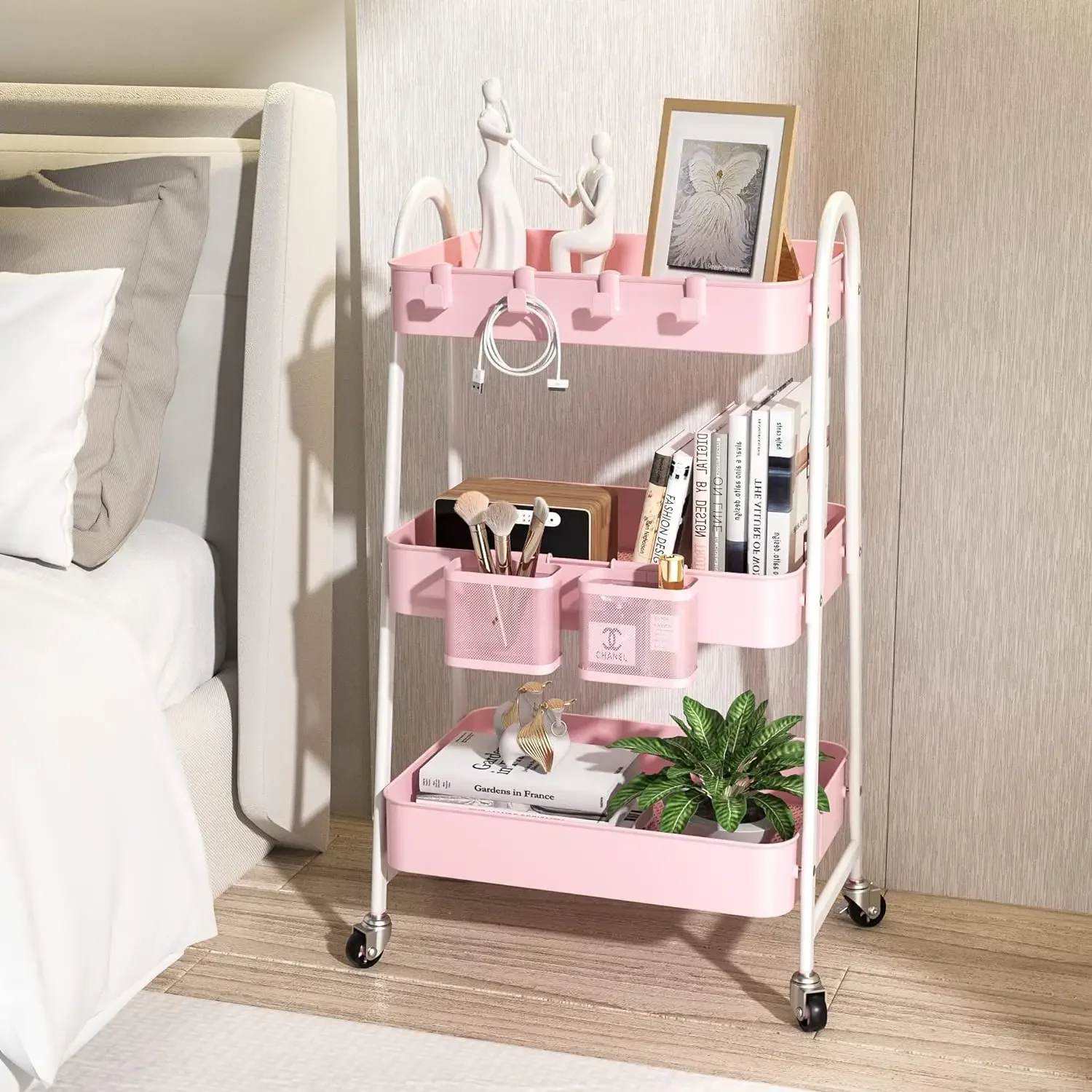 3 Tier Metal Rolling Storage Cart,  with Handle and Locking Wheels & 2 Hanging Baskets 4 Hooks for Bathroom, Bedroom