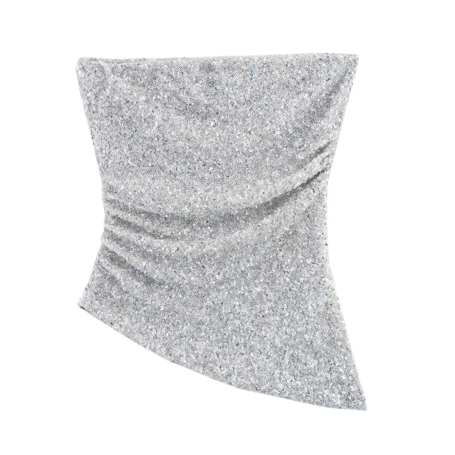 

KONDALA Chic Pleated Sequined Sexy Sheath Strapless Woman Vest Night Party High Street Fashion 2025 Summer Elegant Silver Top