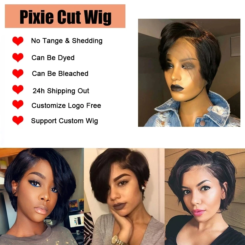 Short Pixie Cut Lace Wigs Human Hair Transparent Wigs Pre plucked For Women Brazilian Straight Human Hair Pixie Cut Bob Wig